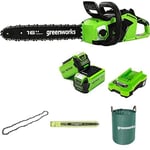 Greenworks Tronçonneuse à Batterie avec Moteur Sans Balais, 2 Batteries 40V 2Ah, Chargeur + Greenworks 40cm Chaîne + Greenworks 40cm Barre de chaîne + Sac à déchets de jardin Greenworks 120 L