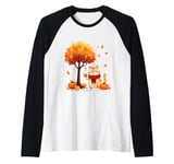 Cute Cat Holding Iced Coffee Under Fall Tree Autumn Cat Leaf Raglan Baseball Tee