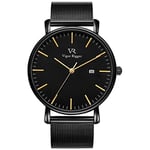 Vigor Rigger Montre Homme à Quartz pour Ultra Fine Noir Montre-Bracelet pour Homme et Femme - Design Minimaliste Classique avec Date Calendrier et Bande en Acier Inoxydable