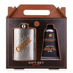 Accentra Coffret cadeau MEN'S COLLECTION pour homme, flasque en acier inoxydable et gel douche de 60 ml et gel douche dans une boîte cadeau en papier kraft, marron – noir