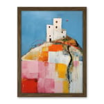 Artery8 House on the Hill Oil Painting Abstract Geometric Patchwork Palette Knife Pastel Colour Rural Landscape Artwork Framed Wall Art Print 18X24 Inch