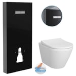 Pack Bâti-support en verre trempé/aluminium brossé + plaque intégrée, Noir brillant + wc sans bride Integra + Abattant softclose - Vitra