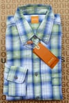 New Hugo BOSS mens green check regular long sleeve smart casual suit shirt SMALL