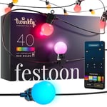 Twinkly Festoon 40 LED RGB, Light Chain with 40 LED Bulbs, Multicolor RGB Outdoor and Indoor Lights, Compatible with Alexa, Google Home, Gaming Lights, IP44, Controlled by App, Black Cable, 20m