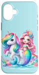 Coque pour iPhone 16 Plus Sirène Fille Licorne Fête Arc-en-ciel Poney Floral Magique