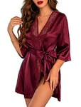 Avidlove Robe de Chambre en Satin pour Femme Kimono Vêtements Détente Robes Demoiselle D'honneur Chemise Nuit Peignoir Léger Avec col V Rouge XXL