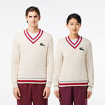 Lacoste Pull col V coton torsadé Taille XXS Blanc/bordeaux/bleu Clair