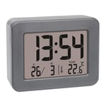 TFA Dostmann Réveil de Voyage numérique, 60.2044.10, à Piles, avec Alarme de réveil Forte, thermomètre intérieur Inclus, Affichage de la Date, Horloge à Quartz, Petit et Compact, Gris