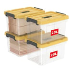 Cetomo 20L*4 Boîte de Rangement, Bac de rangement avec Poignée, Plastique Organisateur avec Couvercle, Empilable, Transportable, pour Vêtements, Bureau, Chambre, Dortoirs, Clair & Jaune, 20L-Lot de 4