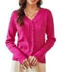 KANCY KOLE Cardigan en Tricot élégant pour Femme, Pull boléro boutonné d'automne, Cardigan Ouvert sur Le Devant, Rose Rouge, XL