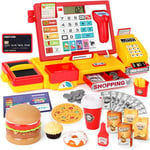 Cash Register Toy with Real Calculator Cash Register - Learning Toy Playset Gift for Kids, Pretend Play Store with Fast Food Burger/Music/Scanner/Credit Card/Play Money/Microphone for Toddler Boy Girl