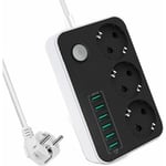 Multiprise avec 6 prises multiples usb 3 compartiments 2500W 17W 5V 3.4A câble 1.6M, avec prise interrupteur protégée contre les surcharges,