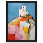 Artery8 House on the Hill Oil Painting Abstract Geometric Patchwork Palette Knife Pastel Colour Rural Landscape Artwork Framed A3 Wall Art Print