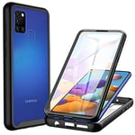 CENHUFO Coque Samsung A21s, Antichoc Housse avec Protection d'écran, 360° Protégé Téléphone Etui Double Face Bumper Transparent Case Robuste Portable Intégrale Coque pour Samsung Galaxy A21s -Noir