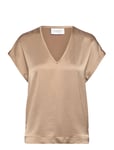 D6Luiza Satin V-Neck Top Tops Blouses Short-sleeved Beige Dante6