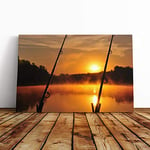 Big Box Art Canvas Print Wall Art Dawn Fishing Rods Forest and Lake | Mounted & Stretched Box Frame Picture | Home Decor for Kitchen, Living Room, Bedroom, Hallway, Multi-Colour, 20x14 Inch