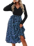 CUPSHE Robe longue/mi-longue pour femme - Manches longues, col en V, ceinture à nouer, coupe trapèze - Robe patineuse décontractée pour les fêtes et les cocktails, Motif léopard bleu., M