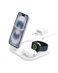 Belkin BoostCharge Socle de Recharge 3-en-1 aimanté et Pliable Qi2 (15 W, Compatible MagSafe, iPhone 16/15, Apple Watch, AirPods, Base lestée antidérapante, Adaptateur Secteur Inclus, Blanc)