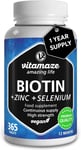 Biotin Hair Growth 10,000 mcg Vegan Tablets - 365 Days Supply - Zinc, Selenium