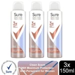 Sure Anti-Perspirant 96H Maximum Protection Deodorant Clean Scent 150ml, 3 Pack