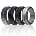 ROQ Silicone Wedding Ring for Men, Set of 4 Elegant, Affordable Silicone Rubber Wedding Bands, Brushed Top Beveled Edges -Black, Grey, Black-Blue Camo, Beveled Metallic Platinum - Size 7