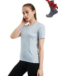 Merino.tech T Shirt Merinos Femme - Laine Merinos Chemise Femme + Chaussettes de randonnée en Laine mérinoss (Small, Arctic Crewneck)