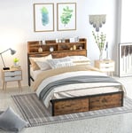 Industrial King Size Metal Bed Frame Wooden Panels Integrated Storage Headboard