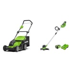 Greenworks G40LM41 Cordless Lawnmower for Lawns up to 500m², 41cm Cutting Width, 50L Bag WITHOUT 40V & 40V Cordless Strimmer for Medium Gardens, Adjustable Height, 30cm Cutting Width