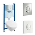 Pack wc suspendu sans bride villeroy et boch O.novo + abattant + plaque blanche + bâti Grohe