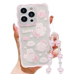 HZLFCZL Compatible avec Coque iPhone 15 Pro avec Chaine Wave Aesthetic Mignon Motif animé planète Lapin Cute Clear Femmes Filles Kawaii Slim Soft TPU Transparent Case for iPhone 15 Pro-Rose Clair