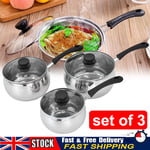 3PCS Induction Pan Set Saucepan Set Cookware Pot Stainless Steel With Glass Lids