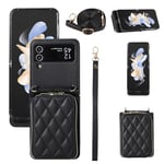 ELISORLI Wallet Case for Samsung Galaxy Z Flip 3 5G 2021 with Wrist Strap Shoulder Strap Mutiple Card Slots Zipper Purse, Luxury PU Leather Stand Cell Phone Cover for ZFlip3 Z3 Flip3 3Z Women Black