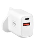 Masterplug Super-Fast USB Charging Plug with USB A and USB C Charging Ports, for Mobiles and Tablets, 30 Watts, White