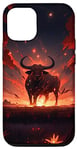 Coque pour iPhone 15 Pro Bull bison rouge vif coucher de soleil, étoiles de nuit lune fleurs #4