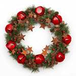 Couronne de Noël de 40 cm avec clochettes Rouges, étoiles, Pommes de pin, Baies et Feuilles pour extérieur, Maison, Bureau, cheminée