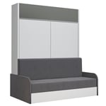 Armoire lit escamotable ALADYNO SOFA blanc mat bandeau gris canapé gris 160*200 cm