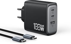 Chargeur Usb C 100W, Gan 3 Ports Chargeur Rapide Mural Alimentation Adaptateur Pour Macbook Pro/Air, Google Pixelbook, Dell Xps, Iphone 16/15/14, Samsung S24/S23, Câble 1,8M Inclus, Noir