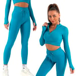 K-MART Gym sets for women 2 piece zip up jacket Workout outfits, Cropped Top, Long Sleeve, Leggings Set for Running, Yoga, Gym, Sports Activity (Aqua Blue, XL)