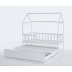 Maison de lit - lit enfant 160x80 cm - avec lit tiroir et lit d'appoint - blanc