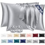 Vielit 2 Pack Satin Pillowcase for Hair and Skin,Soft as Silk Pillowcases for Hair and Skin,Easier Care than Silk Pillow Case Grey Pillowcases for 40x60cm Pillow Envelope & 2 Scrunchies