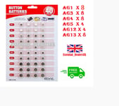 40 Assorted Button Cell Watch Tiny Batteries AG1/3/4/5/12/13 Individually Sealed