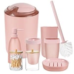 iMucci Lot de 8 Accessoires de Salle de Bain Rose avec Poubelle, Brosse de Toilette, Support de Brosse à Dents, Distributeur de Savon Lotion, Porte-Savon, gobelet à Brosse à Dents, Support Qtip