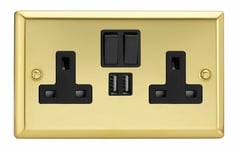 Varilight XV5U2SB Victorian Polished Brass 2 Gang 13A Plug Socket 2.1A USB