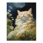 Norwegian Forest Cat Sunbathing In Wildflower Meadow Oil Painting Extra Large XL Unframed Wall Art Poster Print