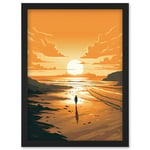 Walk into the Sunset Sand Beach Coastal Landscape Artwork Framed Wall Art Print A4