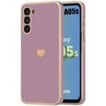 Fodral för Samsung Galaxy A05s (inte för A05), lila, stötsäkert skyddsfodral, flytande silikon med pläterad hjärtdesign