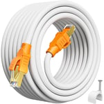 Cable Ethernet Cat 8 20M, Cable Rj45 Haut Debit 40Gbps 2000Mhz 26Awg S/Ftp Pimf Cable Lan Extra Long Impermeable Cable Reseau Blanc Poe Cable Internet Avec 20 Cable Clips Pour Modem, Routeur