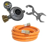 CFH Barbecue à gaz et de camping 3 pièces - Kit d'accessoires pour barbecue à gaz avec régulateur de pression de gaz avec manomètre et EFV, tuyau de gaz de 80 cm et clé pour bouteille de gaz