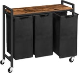 3-Compartment Laundry Basket with Lid, Hamper Trolley on Wheels, Rustic Brown