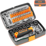 Douilles Tournevis à Cliquet, Jeu de Clés à Douille avec Cliquets 1/4"", Kit Tournevis de Précision, Caisse à Outil Complete, Douilles en Cr-V, Outillage Mecanique Auto, 38 Pièces